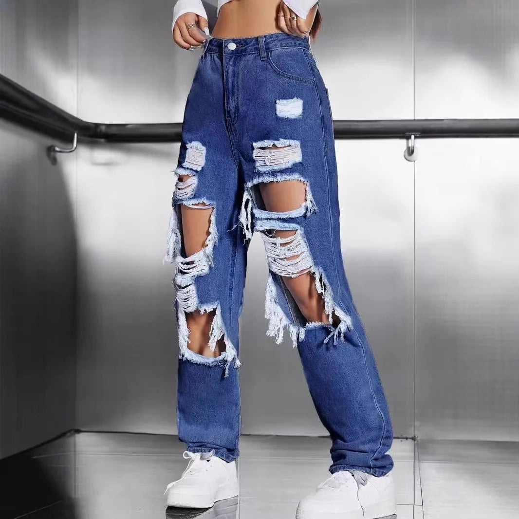 Naisten kevään ja kesän suorat revityt housut