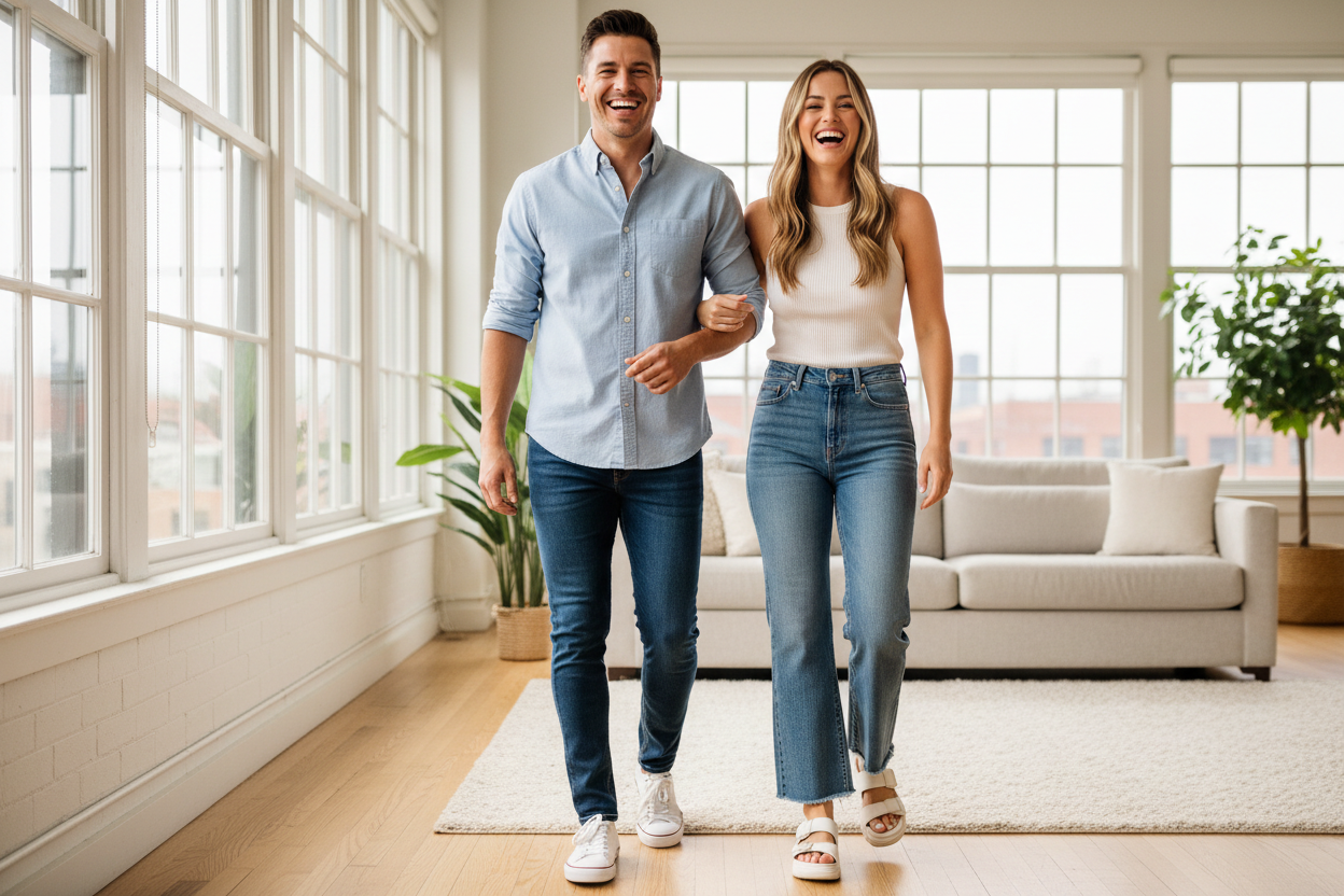 Iloinen mies ja nainen valaistussa huoneessa tyylikkäissiä ja trendikkäissä moderneissa farkuissa 